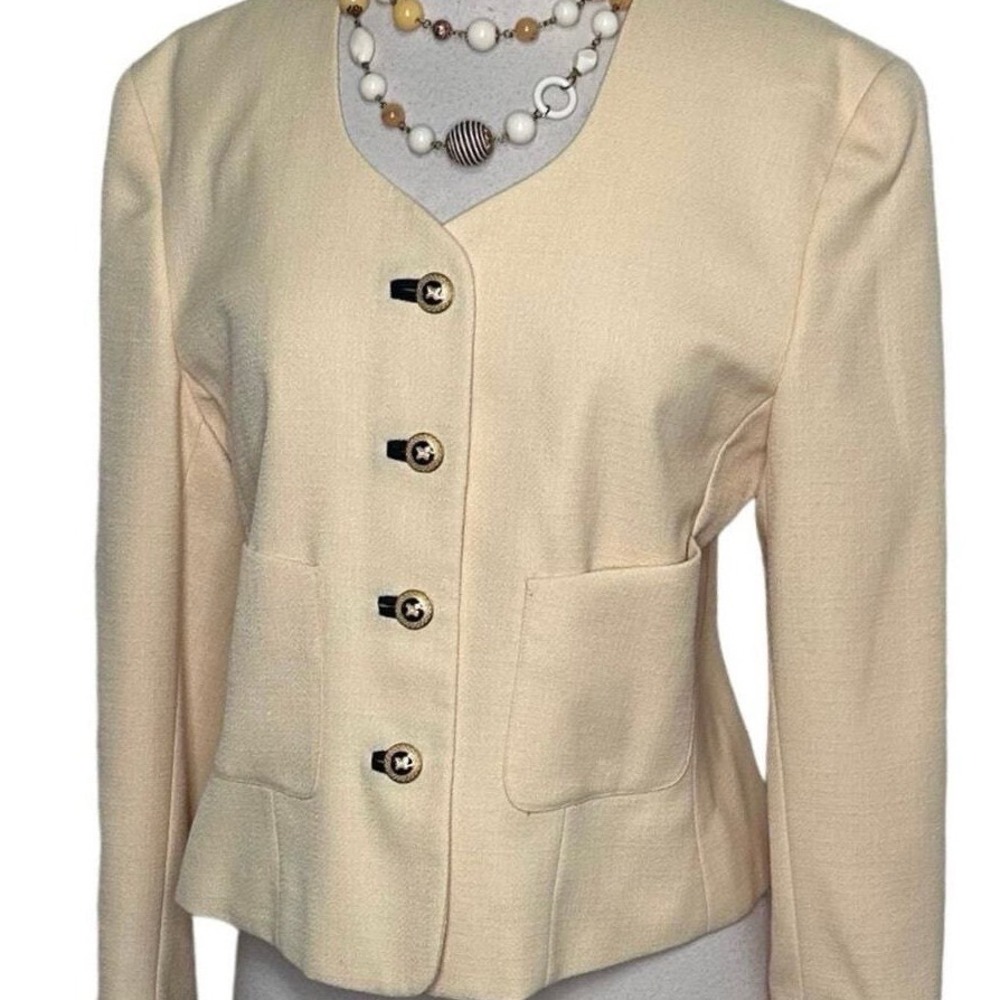 Kasper for ASL‎ Blazer 8 Cream Vintage Wool Blend Collarless Gold Crest Buttons